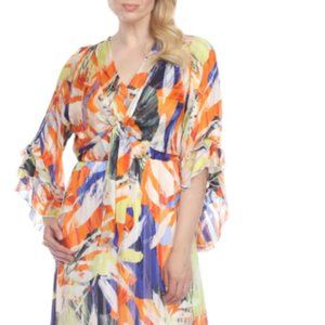 Joseph Ribkoff White/Multi Abstract Print Tie-Front Ruffled Fit & Flare Dress